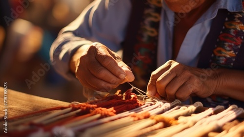 Closeup of a local artisan weaving a traditional rug at a cultural market. photo