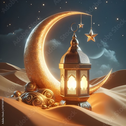 Photo arabic lantern with burning candle and night sky with waning crecent moon in the background ramadan  photo