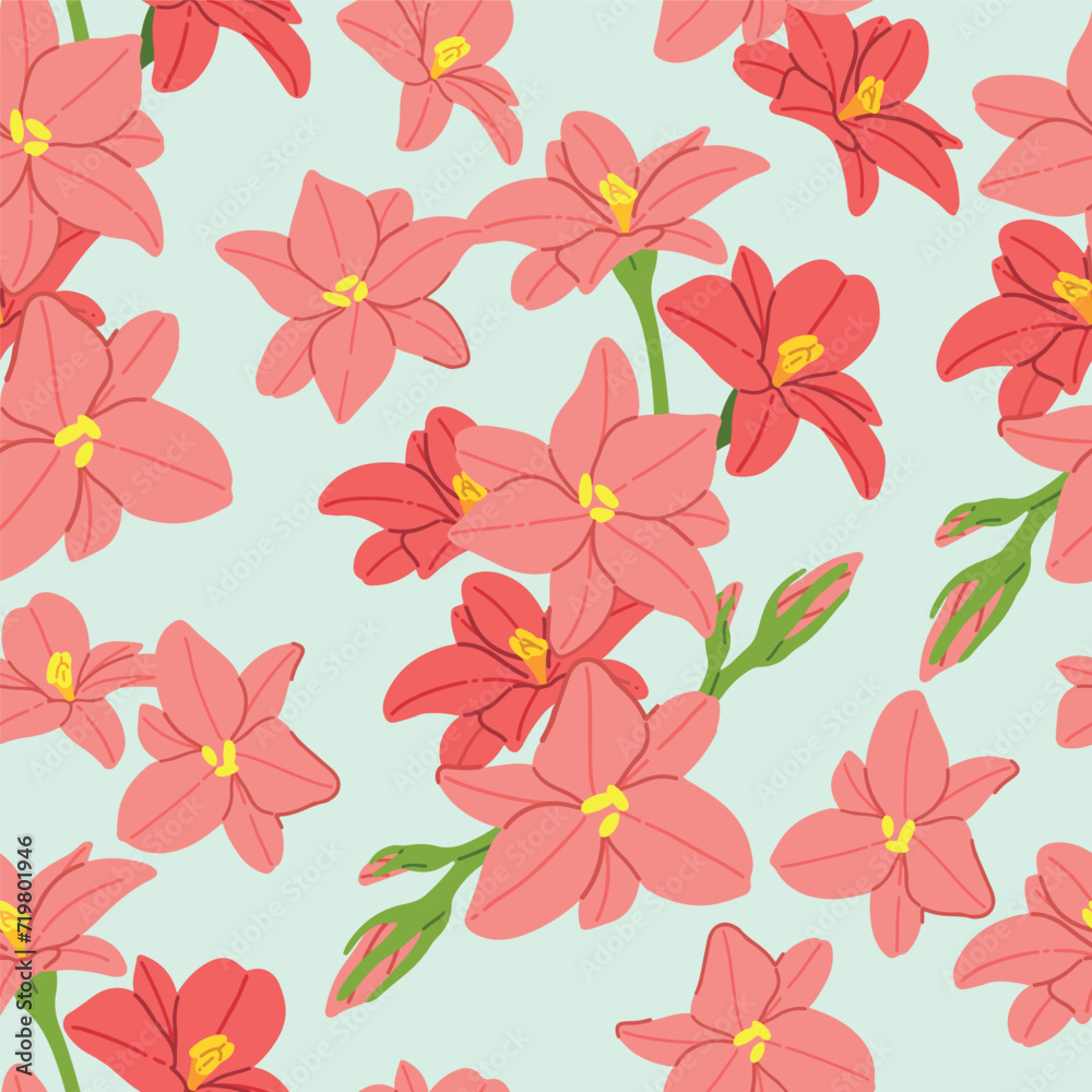 Seamless pattern of red flowers, Pastel blue tone background, Modern floral pattern vector, Vintage floral background, Pattern for design wallpaper, Gift wrap paper and fashion prints. Seamless pattern of red flowers, Pastel blue tone background, Modern floral pattern vector, Vintage floral background, Pattern for design wallpaper, Gift wrap paper and fashion prints.