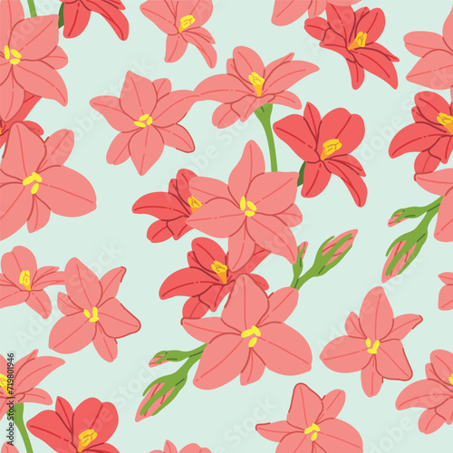 Seamless pattern of red flowers  Pastel blue tone background  Modern floral pattern vector  Vintage floral background  Pattern for design wallpaper  Gift wrap paper and fashion prints.
