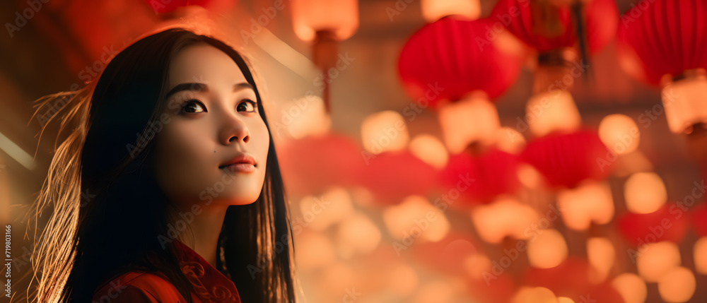 Enjoying Chinese New Year, a woman is in a temple with red lanterns