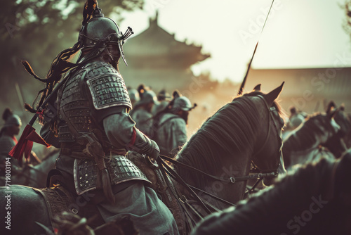 Close-up Ancient Chinese soldiers rode horses to lead troops in war