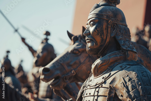 Close-up Ancient Chinese soldiers rode horses to lead troops in war