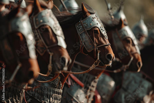 Close-up Ancient Chinese soldiers rode horses to lead troops in war photo