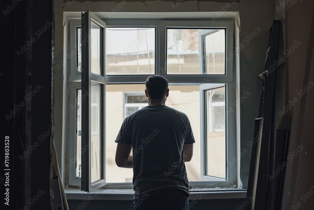 American Worker Replacing the Windows in an Apartment American Worker Replacing the Windows in an Apartment