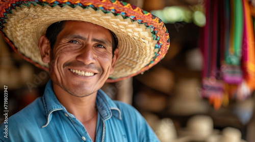 Mexican man smiling wearing a Mexican Hat in the traditional dress