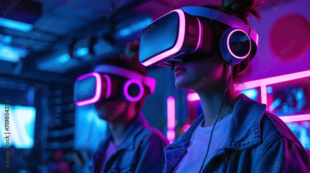 Content creators wear VR goggles to edit video footage neon lighting Content creators wear VR goggles to edit video footage neon lighting