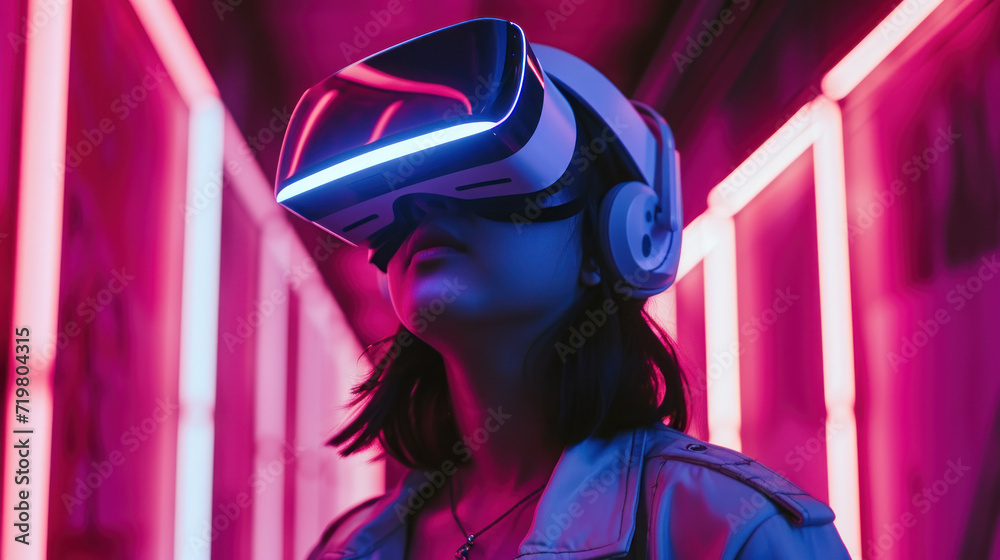 Content creators wear VR goggles to edit video footage neon lighting Content creators wear VR goggles to edit video footage neon lighting