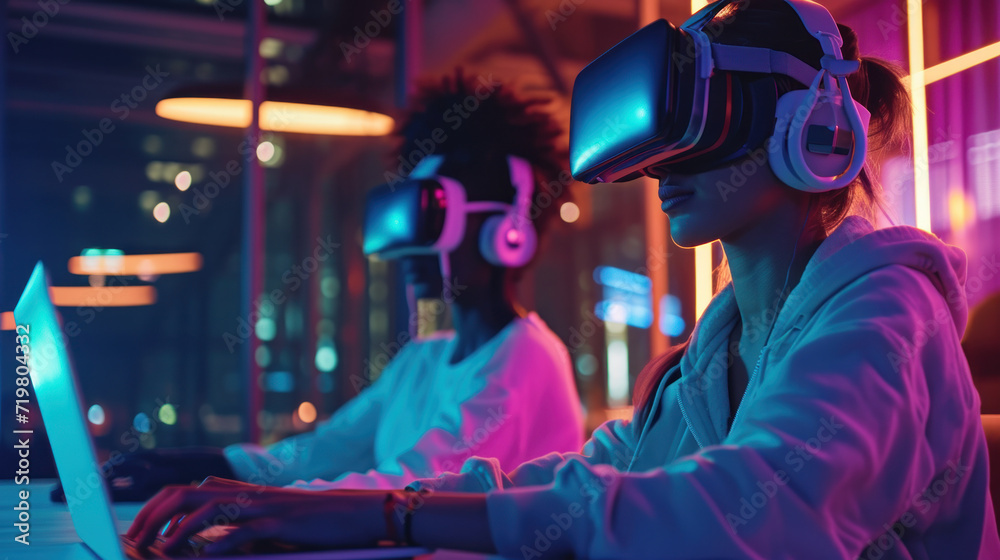 Content creators wear VR goggles to edit video footage neon lighting Content creators wear VR goggles to edit video footage neon lighting