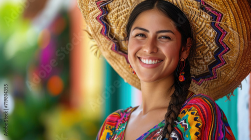 Beautiful Mexican woman smiling wearing Mexican Hat in the traditional dress