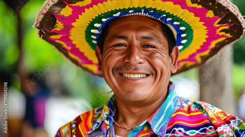 Beautiful Mexican man smiling wearing Mexican Hat in the traditional dress photo