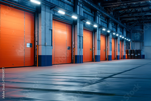 Dimly lit logistics center with orange roller shutter doors and a glossy concrete floor.