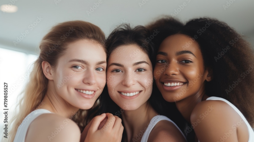 Closeup of a group of friends taking care of their skin together, using a variety of advanced skincare solutions for a youthful and healthy look. Closeup of a group of friends taking care of their skin together, using a variety of advanced skincare solutions for a youthful and healthy look.