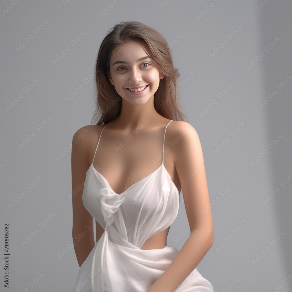 A 3D rendering of a young woman, adorned in a white dress, graces the frame with a radiant smile against a clean light gray grey white background, exuding simplicity and charm. Generative AI. A 3D rendering of a young woman, adorned in a white dress, graces the frame with a radiant smile against a clean light gray grey white background, exuding simplicity and charm. Generative AI.