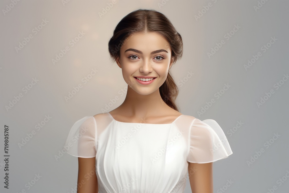 A 3D rendering of a young woman, adorned in a white dress, graces the frame with a radiant smile against a clean light gray grey white background, exuding simplicity and charm. Generative AI. A 3D rendering of a young woman, adorned in a white dress, graces the frame with a radiant smile against a clean light gray grey white background, exuding simplicity and charm. Generative AI.