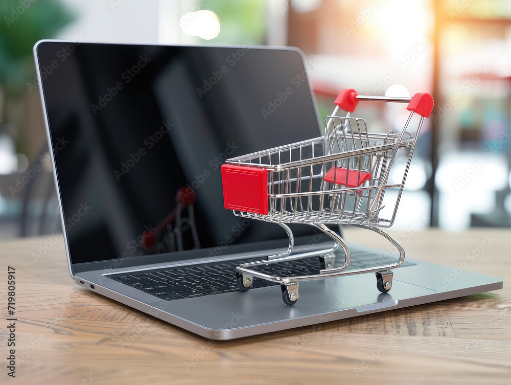Concept of E-commerce, shopping cart on a laptop, concept of webshop, shopping online