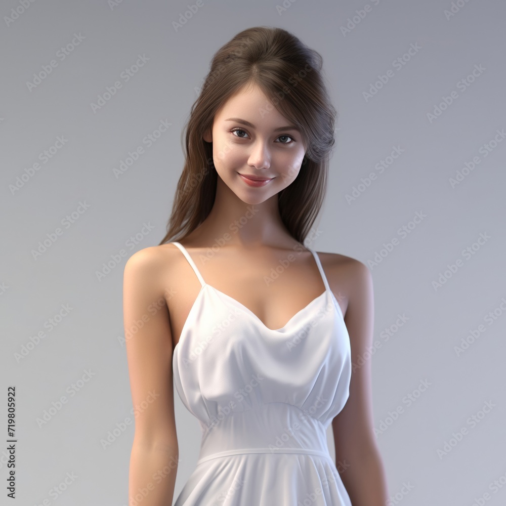 Fototapeta premium A virtual portrait comes to life with a 3D rendering of a young woman in a white dress, her smiling expression bringing a touch of warmth to the pristine gray white backdrop. Generative AI.