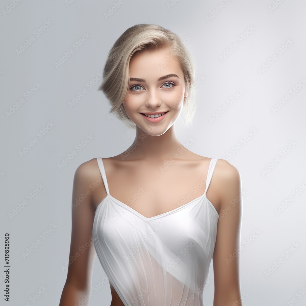 A virtual portrait comes to life with a 3D rendering of a young woman in a white dress, her smiling expression bringing a touch of warmth to the pristine gray white backdrop. Generative AI. A virtual portrait comes to life with a 3D rendering of a young woman in a white dress, her smiling expression bringing a touch of warmth to the pristine gray white backdrop. Generative AI.