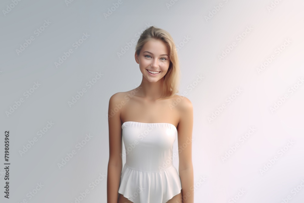3D-rendered masterpiece, a young woman dons a white dress, her beaming smile adding a delightful touch to the composition against a pure grey canvas. Generative AI. 3D-rendered masterpiece, a young woman dons a white dress, her beaming smile adding a delightful touch to the composition against a pure grey canvas. Generative AI.