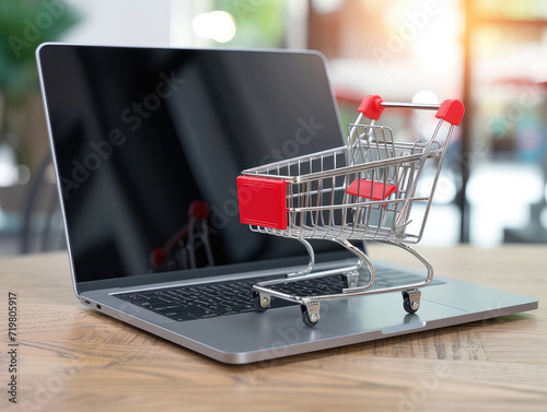 Concept of E-commerce, shopping cart on a laptop, concept of webshop, shopping online