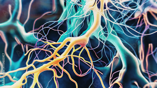 Neuron body with luminescent branches - 3d rendering of a neuron cell image on a black background. Digital image of interconnected neuronal cells with luminescent branches. Conceptual medical image.