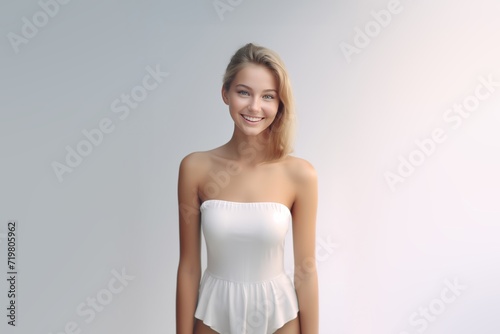 3D-rendered masterpiece, a young woman dons a white dress, her beaming smile adding a delightful touch to the composition against a pure grey canvas. Generative AI.