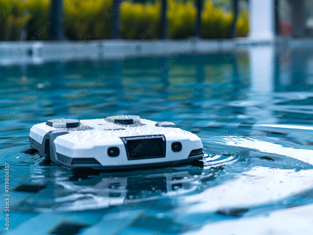 Obraz premium Autonomous pool cleaning device ensuring pristine conditions in a tranquil pool setting