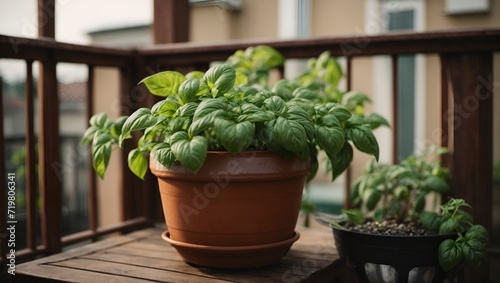 basil plant in a pot on the balcony