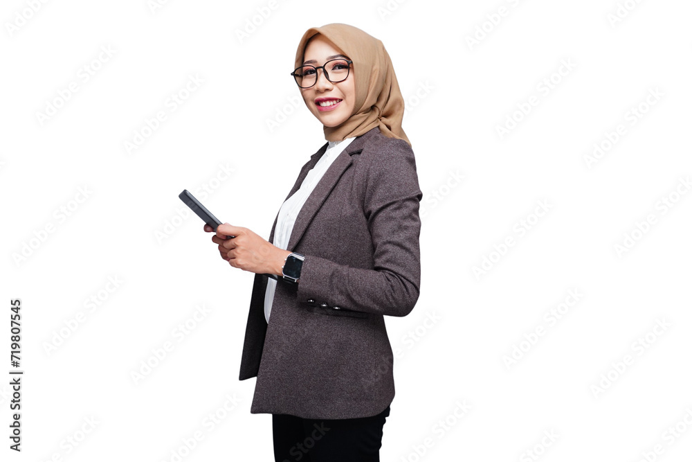 Hijab muslim business woman with tablet isolated transparent Hijab muslim business woman with tablet isolated transparent