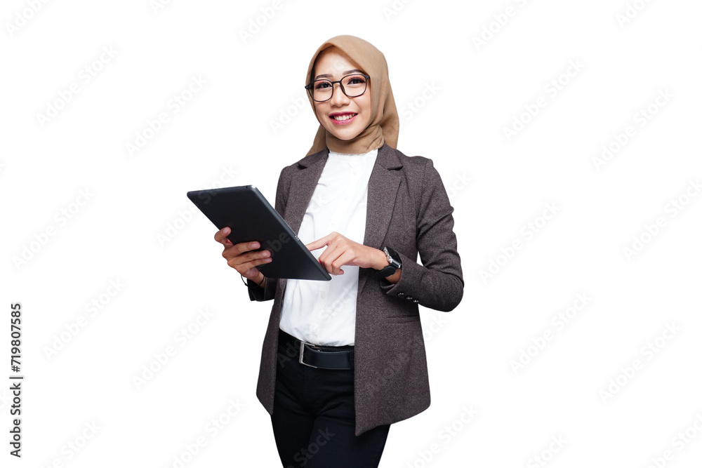 Hijab muslim business woman with tablet isolated transparent