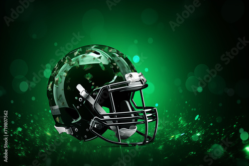 Green american football helmet isolated on a green background. Generative AI. photo
