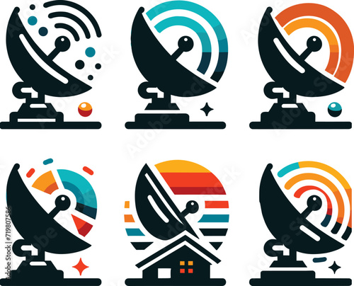 Colorful Satellite Dishes Vector Icons - Communication, Technology, Broadcast