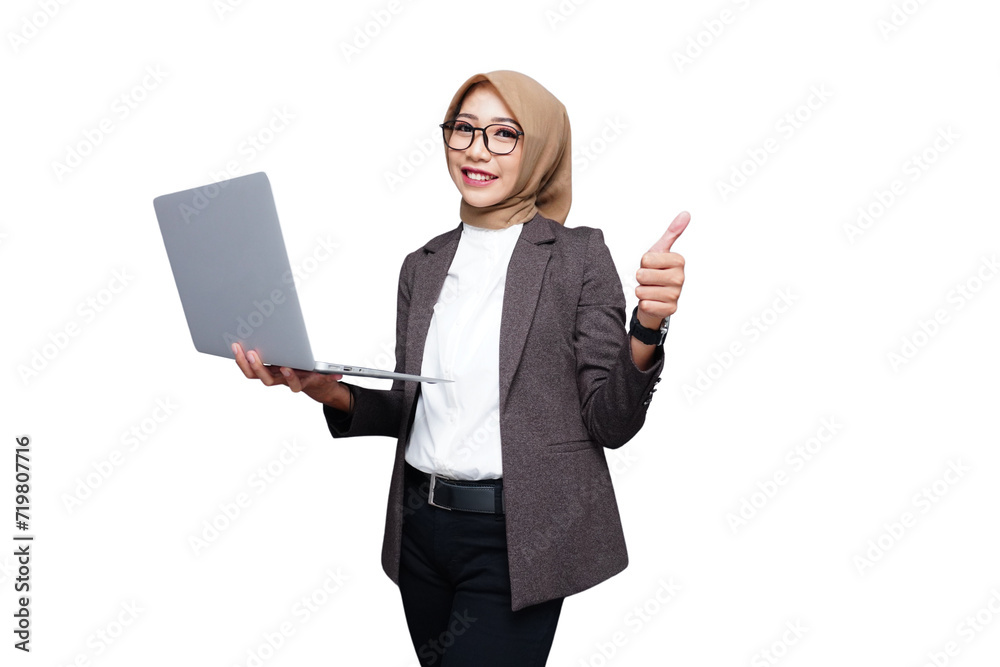 Hijab muslim business woman with laptop isolated transparent Hijab muslim business woman with laptop isolated transparent