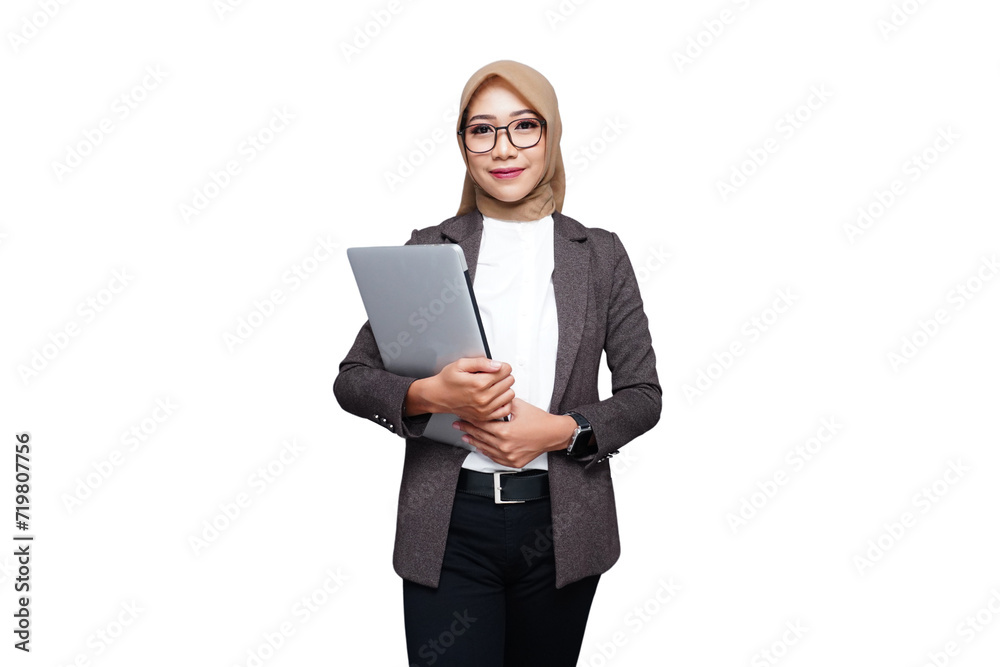 Hijab muslim business woman with laptop isolated transparent Hijab muslim business woman with laptop isolated transparent