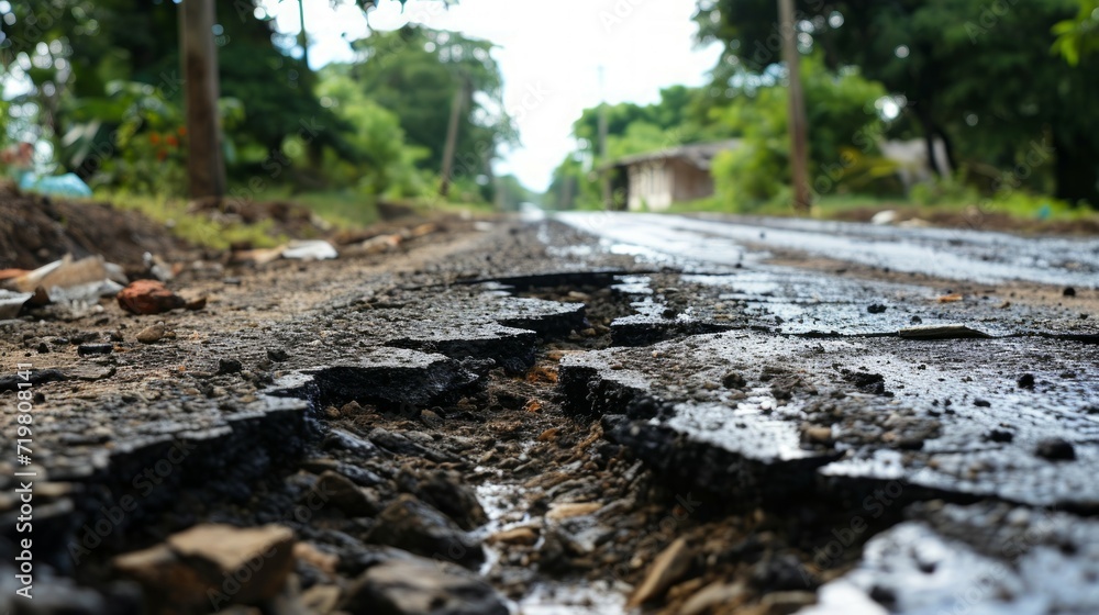 Dirty road with potholes after rain, selective focus. Dirty road with potholes after rain, selective focus.