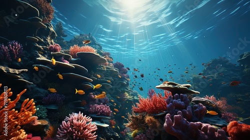 A school of bright tropical fish in a coral reef