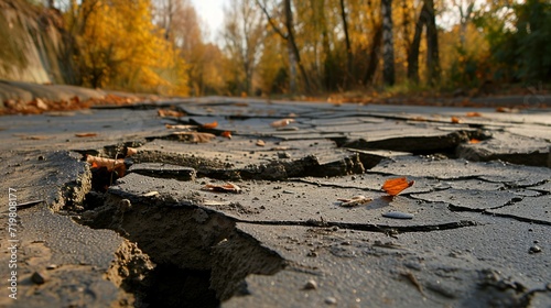 Dirty road with potholes after rain, selective focus.