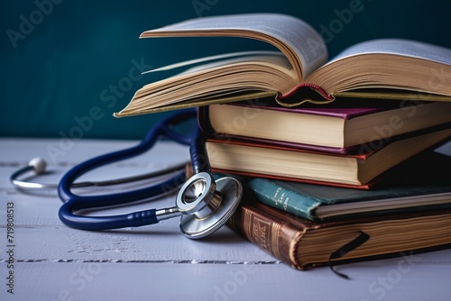 Stack of books with stethoscope and open book on top photo