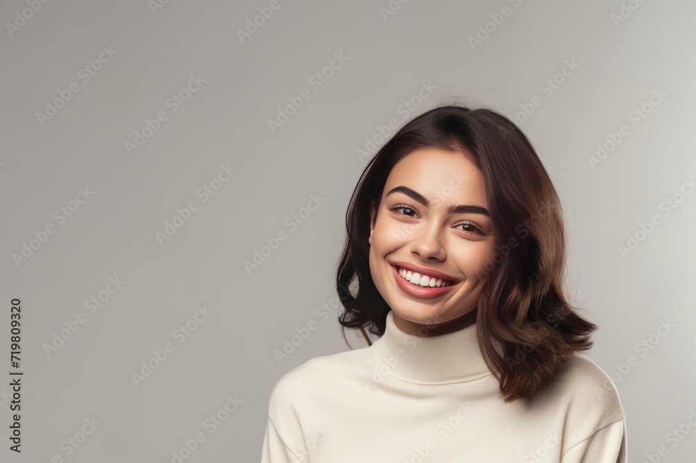 Portrait of a beautiful young and happy brunette woman wearing an off-white turtleneck, smiling and looking into the camera Portrait of a beautiful young and happy brunette woman wearing an off-white turtleneck, smiling and looking into the camera