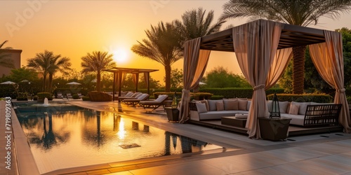 Luxury poolside lounge area at sunset © ParinApril