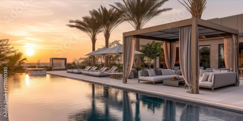 Luxury poolside lounge area at sunset