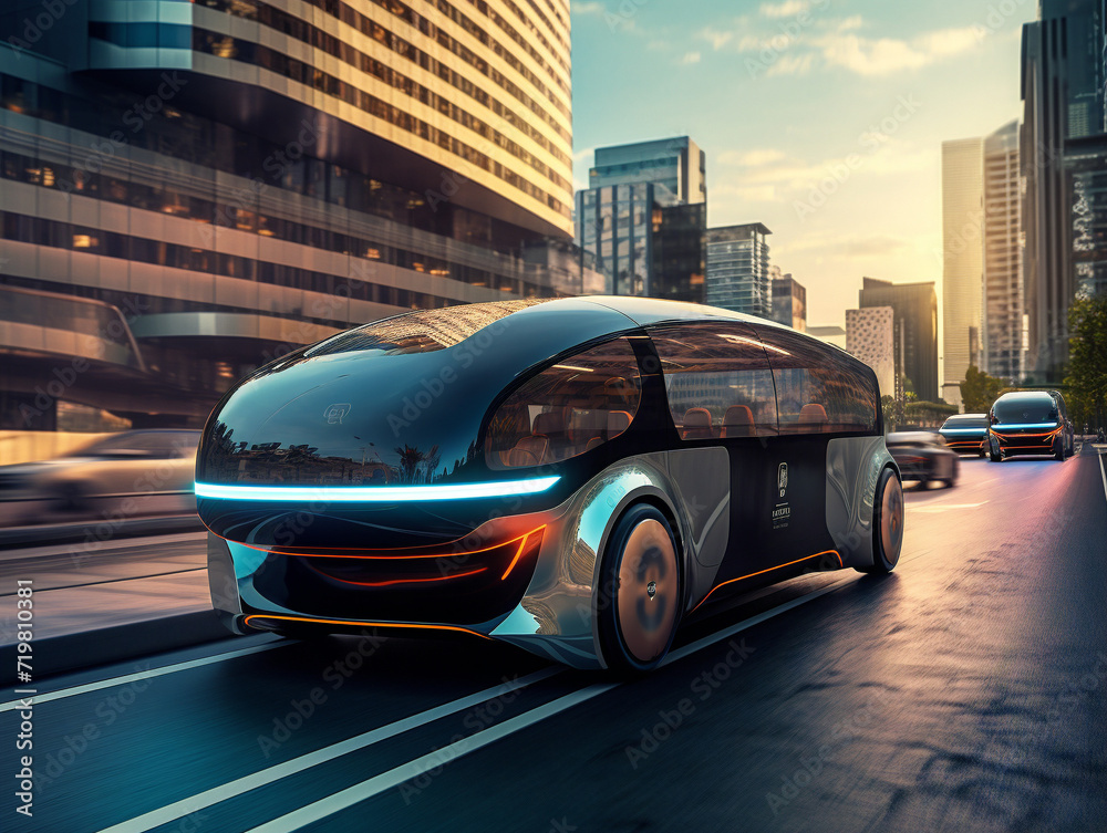 A sleek self-driving car effortlessly maneuvering through the bustling city streets of the future.