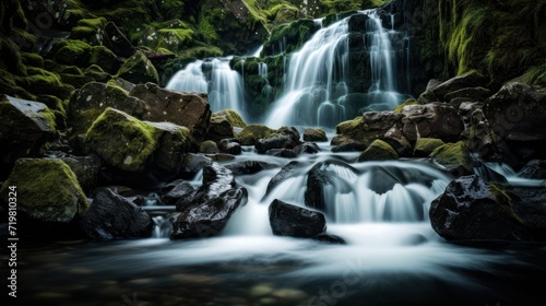 View of a waterfall in a tropical rainforest, with mossy rocks.