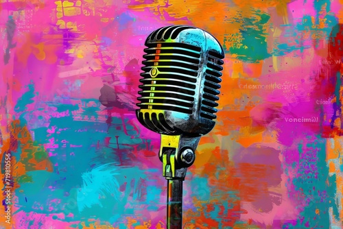 Vintage microphone with colorful pop art background