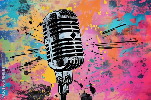 Vintage microphone with colorful pop art background