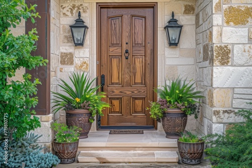 Welcoming home entrance with door and plants