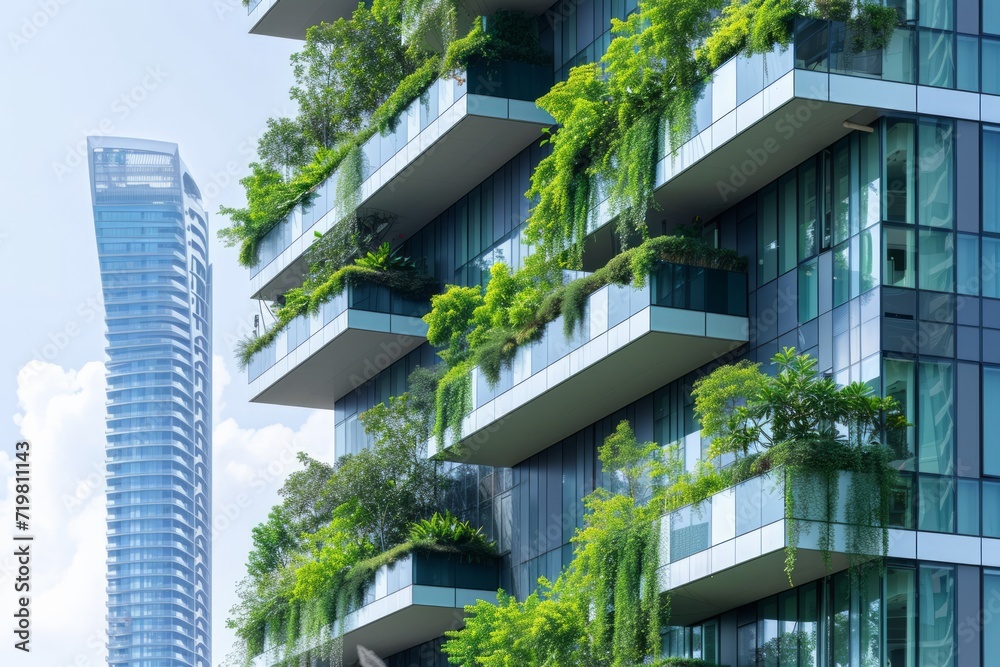 Modern building with greenery on balconies