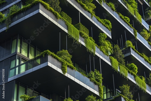 Modern building with greenery on balconies