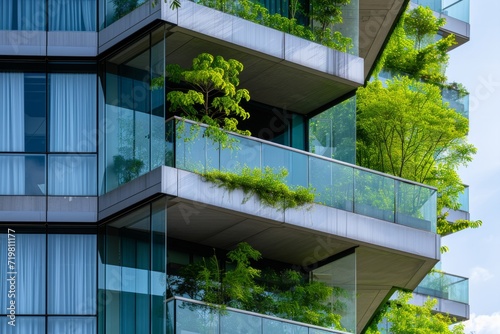 Modern building with greenery on balconies