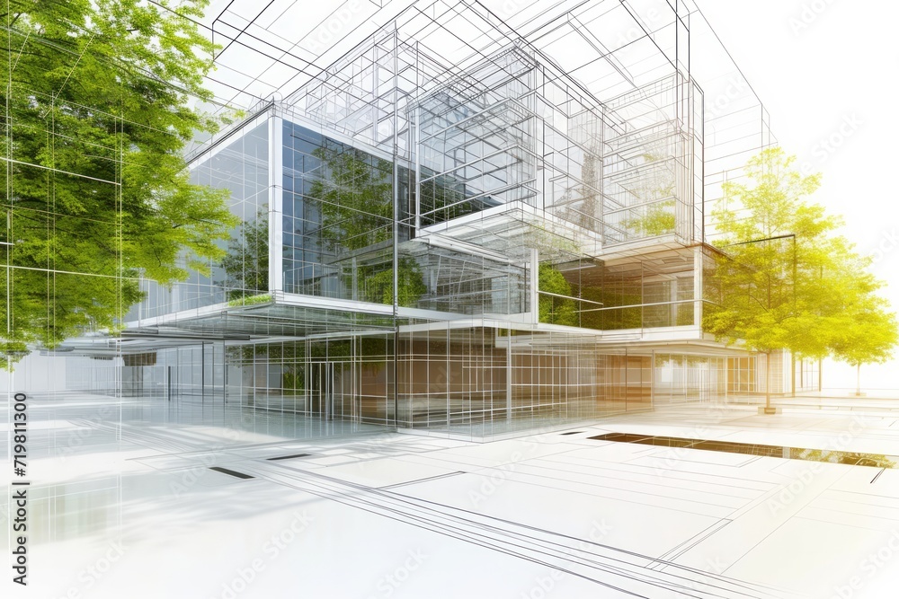 Obraz premium Conceptual design of a modern building with a transparent overlay